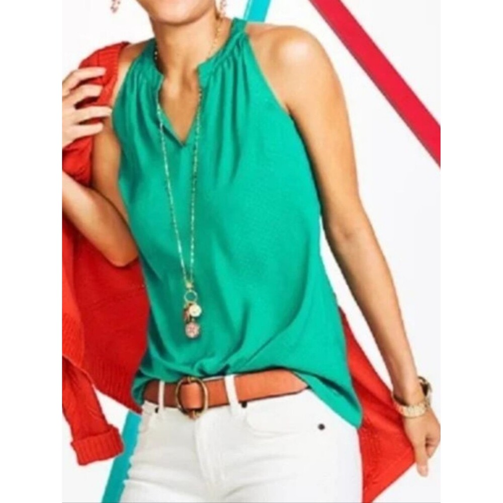 CAbi Style #5549 Green Lush Dwiss Polka Dot Sleeveless V-neck Blouse, XS